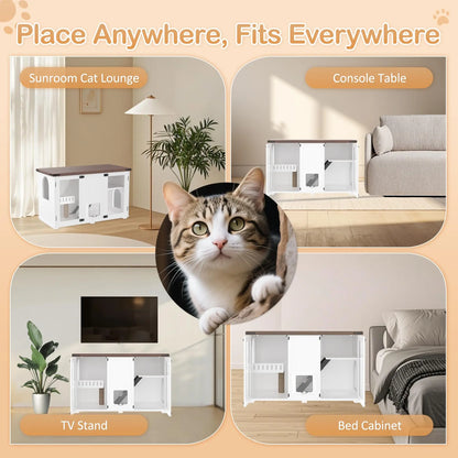 47.25" Cat House Large Space Hidden Cat Litter Box Enclosure with LED Light, Scratch Pad, Stairs and Smart Doors