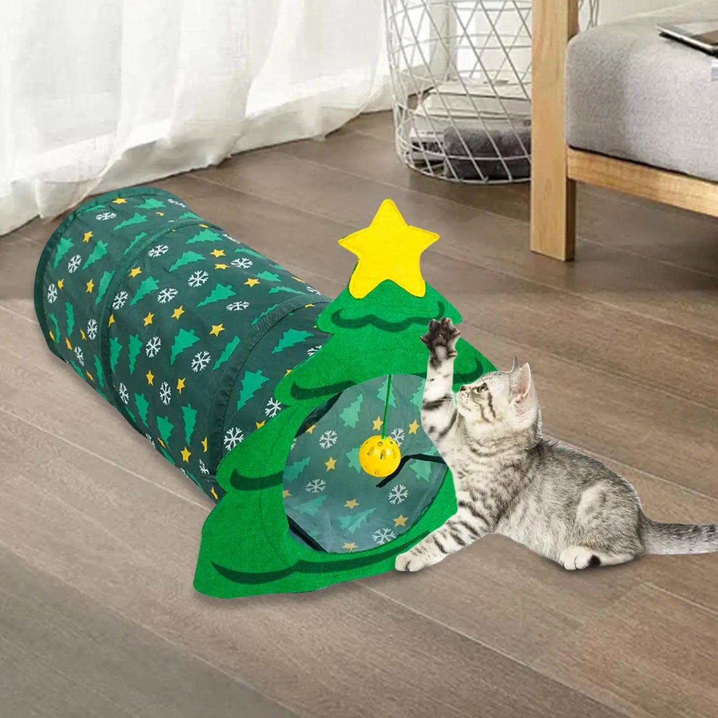 Christmas Cat Tunnel Tube Interactive with Bell Ball for Indoor Kittens Rabbits Puppy Play and Exercise