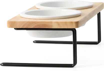 Elevated Cat Ceramic Bowls,15° Tilted Raised Food Feeding Dishes, Solid Bamboo Water Stand Feeder Set for Cats and Puppy
