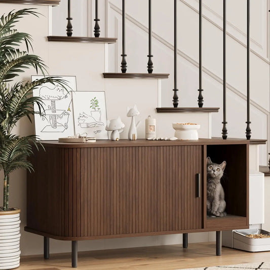Modern Cat Litter Box Enclosure with Sliding Door, Scratch Pad, Multifunctional Furniture for Living Room in Walnut