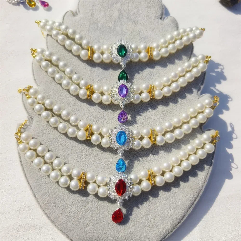 1pc Luxury Double Layer Pearl Pet Necklace with Diamond Pendant Wedding Costume Dog Cat Crystal Jewelry Accessories Pet Supplies