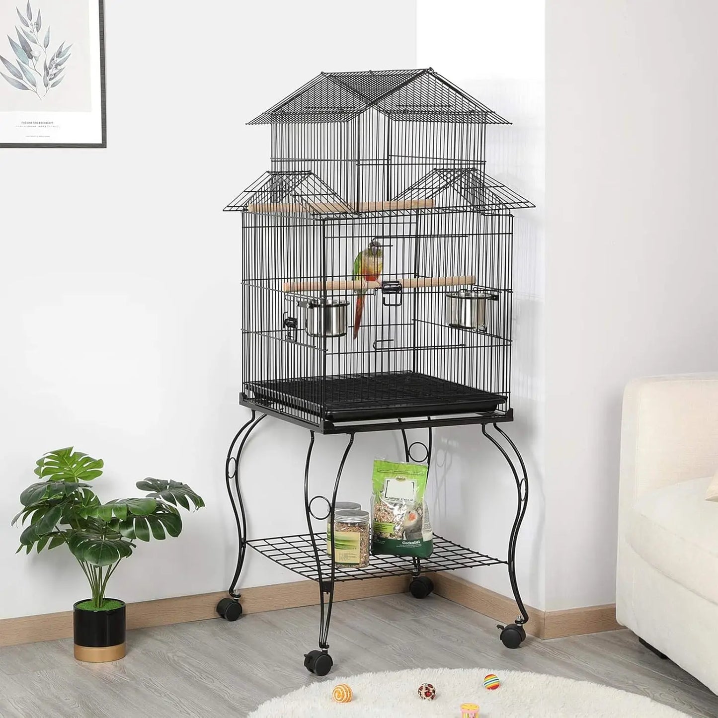 Budgie Cage 55-inch Rolling Standing Triple Roof Medium Parrot Cage Pet Bird Cage with Detachable Stand for, Customized