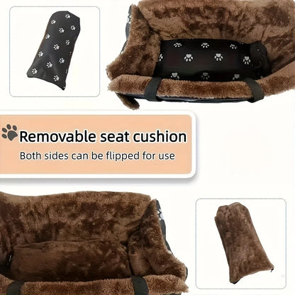Black Fabric Dog Car Seat - Portable Pet Booster Basket with Paw Print Design, Equipped with Comfort Armrests and Headrest