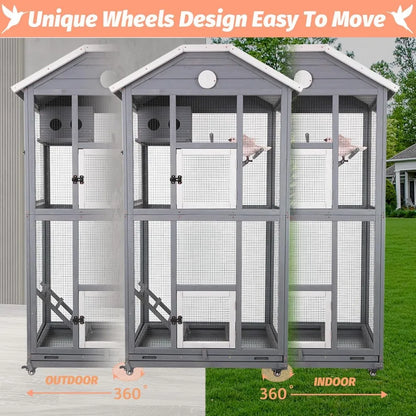 Outdoor Bird Cage Large, Wooden Flight Aviary with Perches, Nest Habitat, and Easy-Clean Pull Out Tray for Parakeets, Macaws.