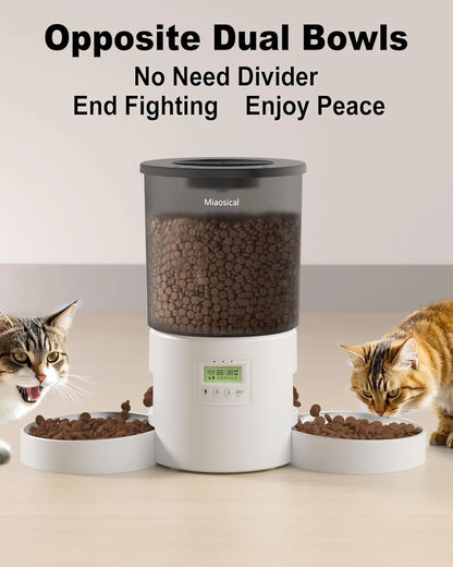Automatic Cat Feeder with Double Bowls, 4.2L Dry Food Dispenser, Programmable Portion Control, Dual Power Supply