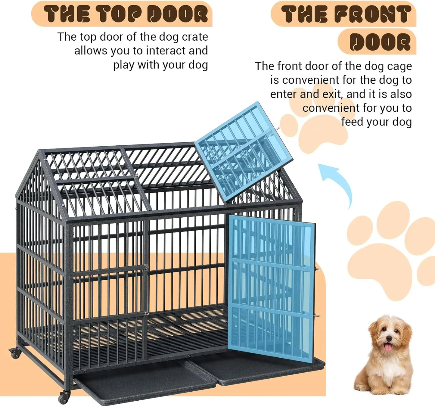 52 Inch Heavy Duty Dog Crate, Large Metal Dog Kennel with Roof Top, 2 Door Dog Cage House with Removable Tray and Wheels