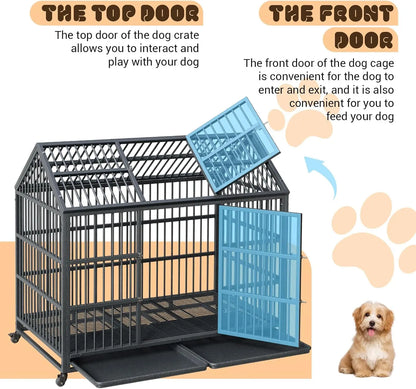 52 Inch Heavy Duty Dog Crate, Large Metal Dog Kennel with Roof Top, 2 Door Dog Cage House with Removable Tray and Wheels