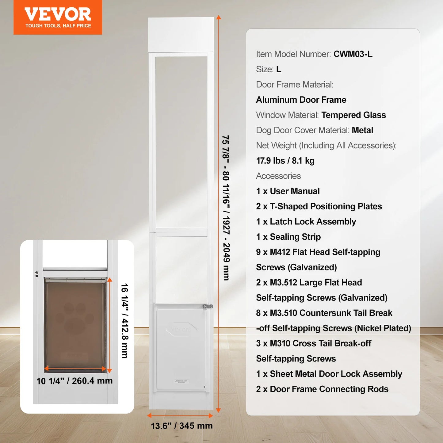 SucceBuy Dog Door Sliding Glass Adjustable Height Aluminum Frame Tempered Glass Door