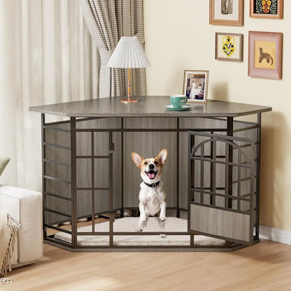 corner dog crate furniture, 52 inch large dog kennel indoor wooden end table, modern dog cage decorative pet house