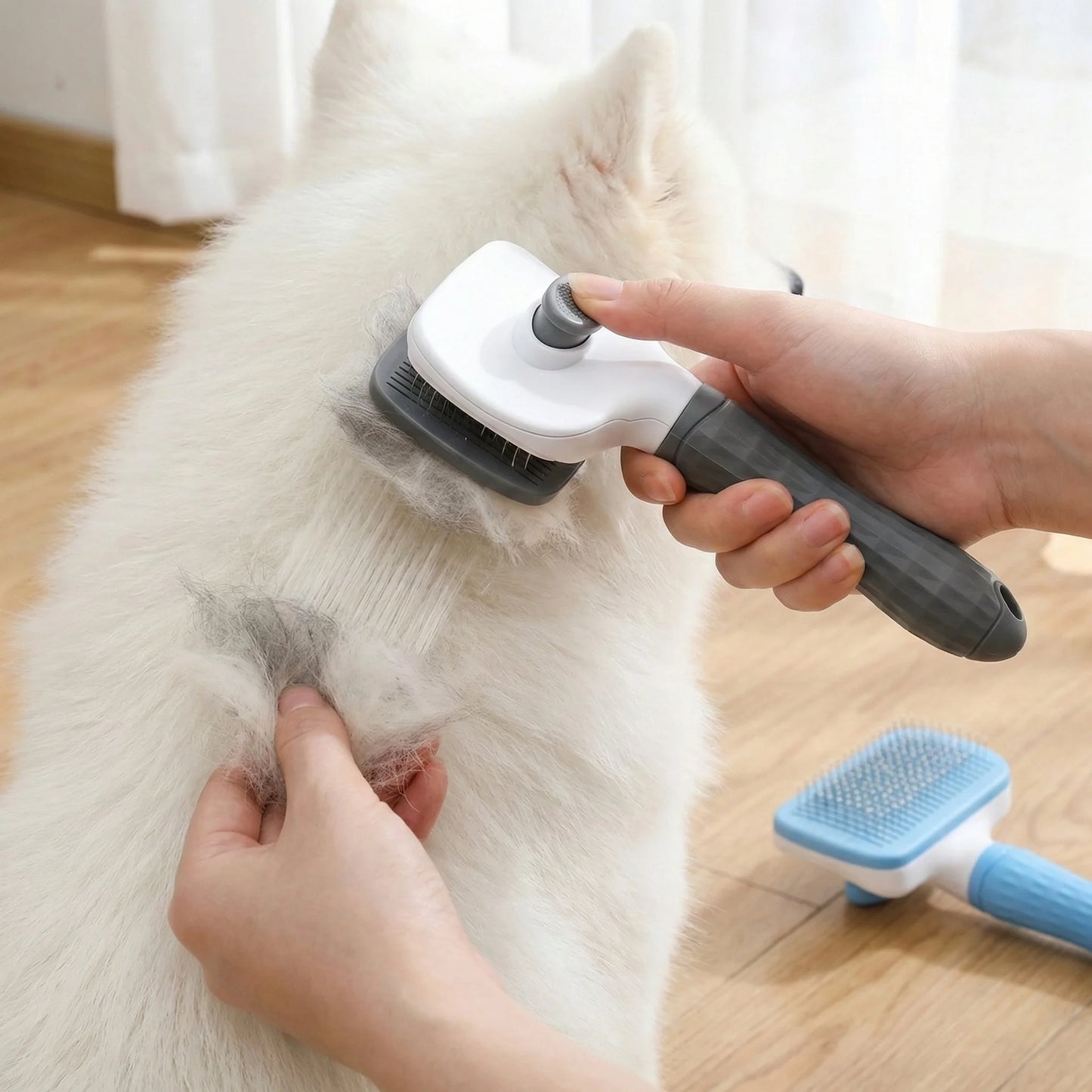 Dual-Use Dog & Cat Grooming Brush (20×10×5.5cm) - Self-Cleaning Slicker Comb with Round-Tip Bent Needles, Ergonomic Handle
