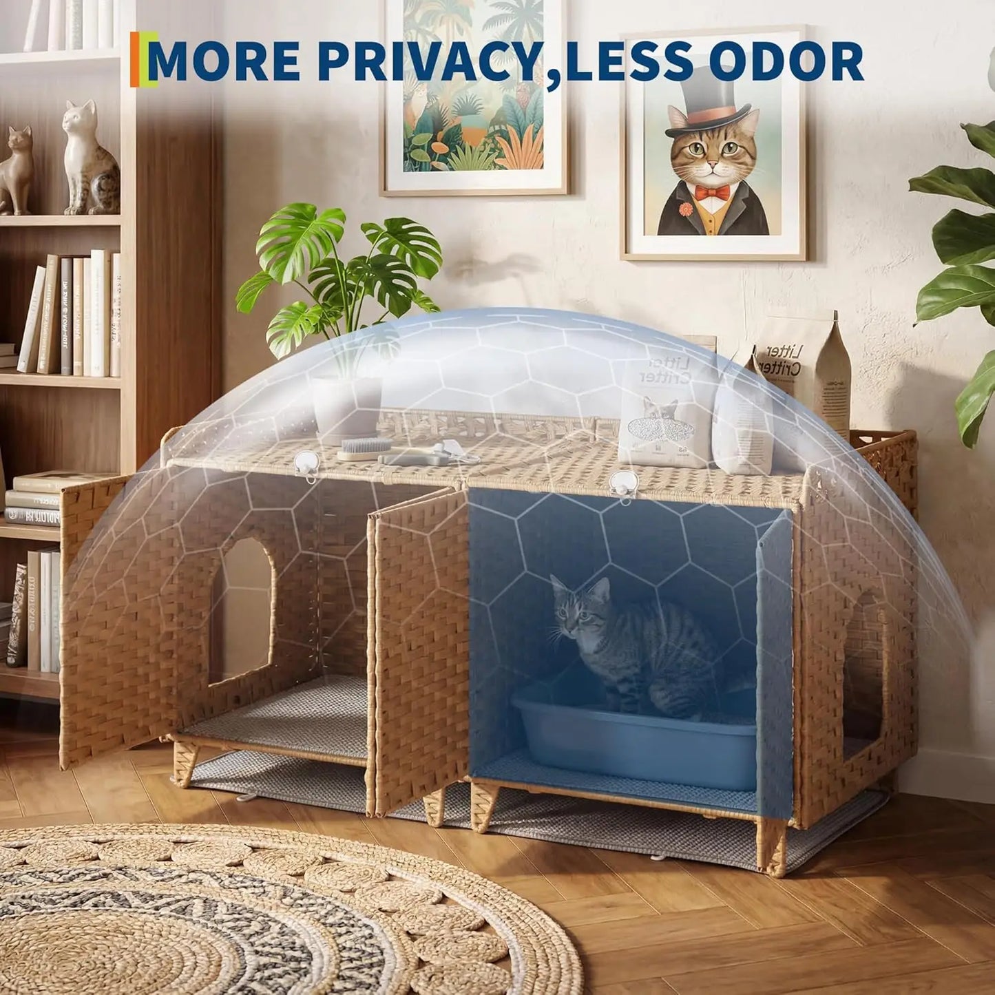 Cat Litter Box Enclosure Furniture, Handwoven Rattan Cat Bed Houses, Hidden Cat Washroom Furniture with Door/Mat