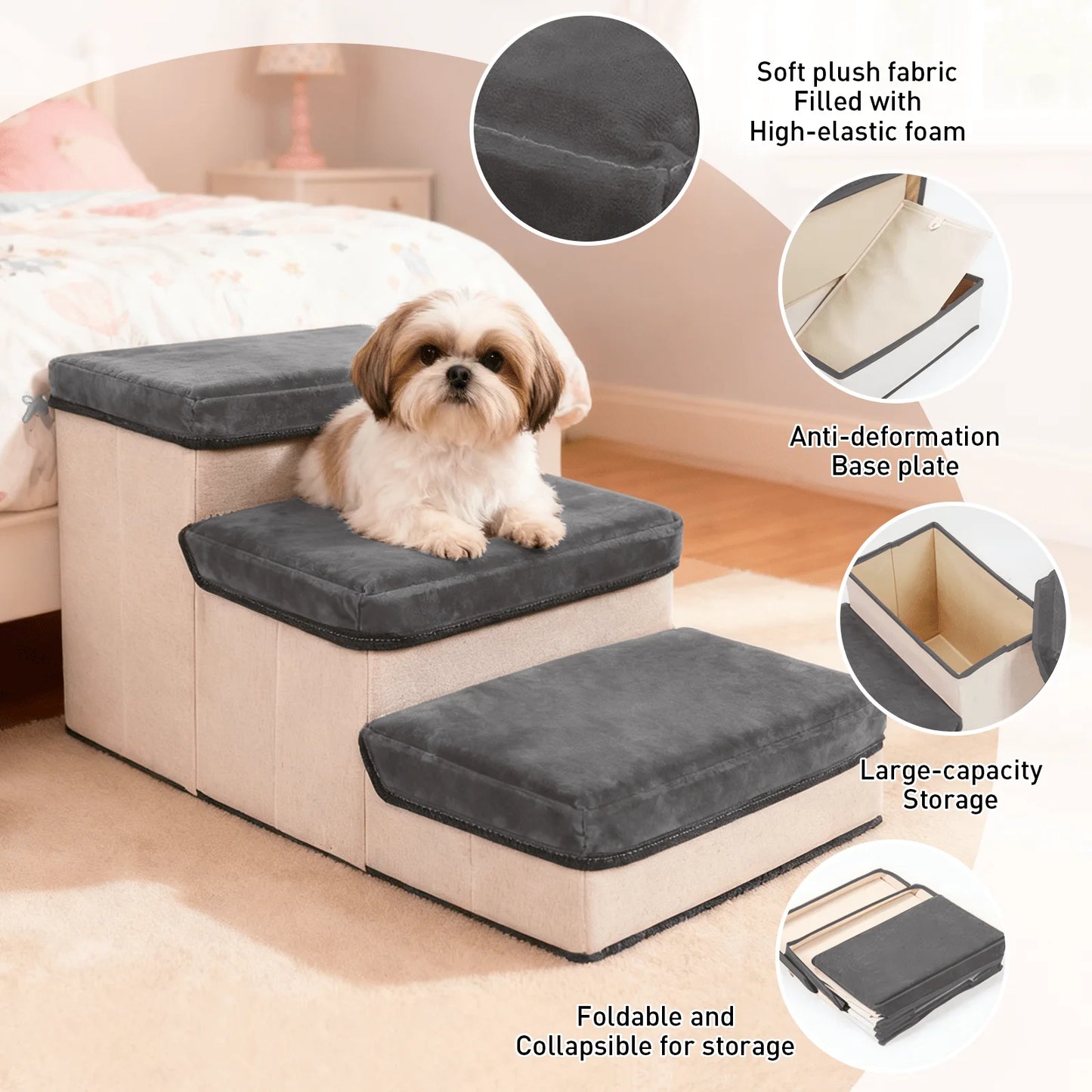 3-Tier Collapsible Dog Stair With Non-Slip Surface, Pet Ramp For Small To Extra Small Dog Breeds-Great For High Beds And Couches