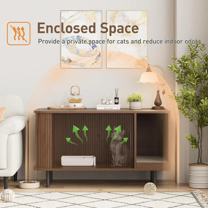Modern Cat Litter Box Enclosure with Sliding Door, Scratch Pad, Multifunctional Furniture for Living Room in Walnut