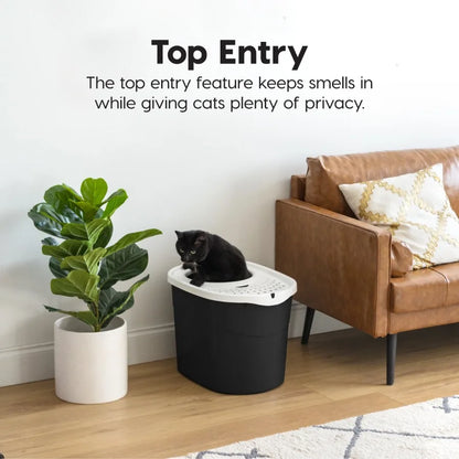 IRIS Large Top Entry Cat Litter Box with Litter Catching Lid and Scoop Enclosed Design Black White