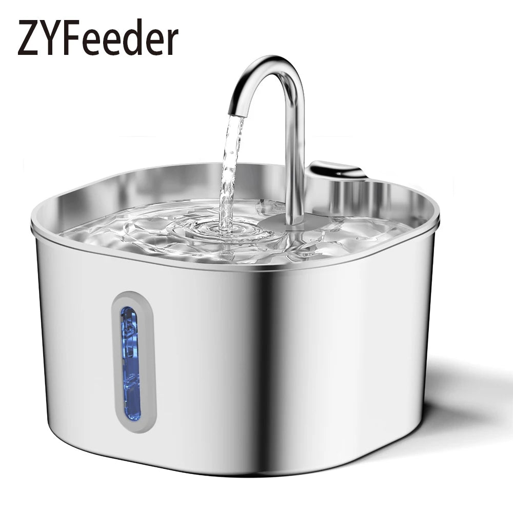 ZYFeeder 2.2L Automatic Cat Water Fountain Square Stainless Steel Dog Water Fountain with window（No 5V 1A Plug）