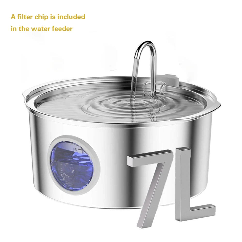 7L/236oz Large Capacity Pet Water Fountain 304 Stainless Steel Cat Water Fountain Ultra Quiet Pet Water Dispenser for Cats Dogs Automatic Drinking Bowl with Filter 24/7 Fresh Filtered Water Bowl（No 5V 1A Plug）