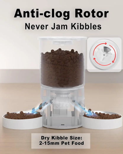 Automatic Cat Feeder with Double Bowls, 4.2L Dry Food Dispenser, Programmable Portion Control, Dual Power Supply