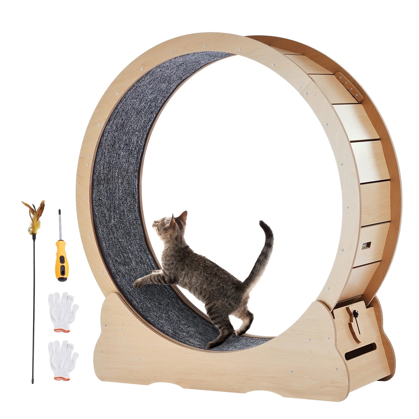 SucceBuy Wooden Cat Exercise Wheel with Detachable Carpet& Cat Teaser