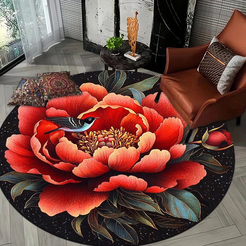Red Peony & Bird Style Flannel-printed round floor mats are slip-resistant Suitable living room bedroom terrace garden carpets