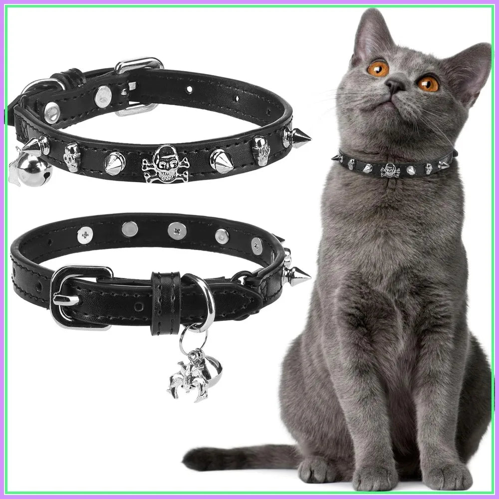 Adjustable Leather Cat Collar with Safety Elastic Belt, Punk Buckle Bell & Durable D-Ring, Rivet (Black)