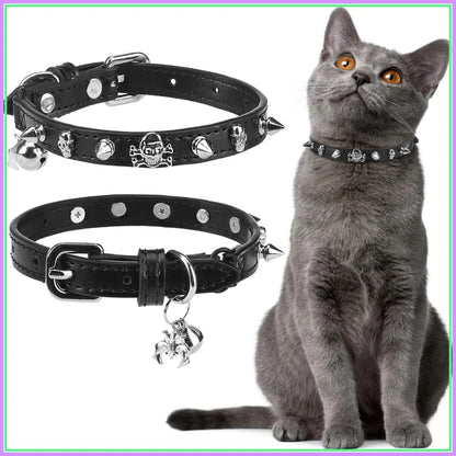 Adjustable Leather Cat Collar with Safety Elastic Belt, Punk Buckle Bell & Durable D-Ring, Rivet (Black)
