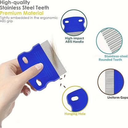 Pack of 4 Flea and Lice Combs, Stainless Steel Rabbit Dog Cat Grooming Comb with Round Teeth, Double-sided Professional Pet Tear