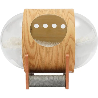 Space-Themed Wooden Pet Bed with Cushion and Transparent Acrylic Dome for Cats and Dogs, 25.6x18.9 inches
