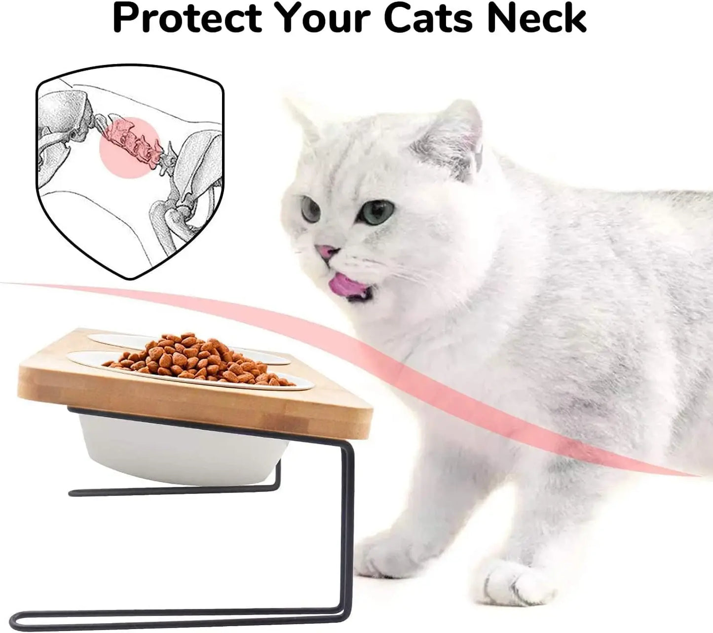 Elevated Cat Ceramic Bowls,15° Tilted Raised Food Feeding Dishes, Solid Bamboo Water Stand Feeder Set for Cats and Puppy
