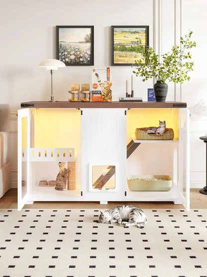 47.25" Cat House Large Space Hidden Cat Litter Box Enclosure with LED Light, Scratch Pad, Stairs and Smart Doors