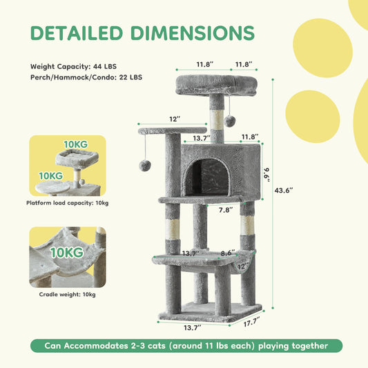 JHK 44In Cat Tree Tall Multi-Cat Climbing Tower, Scratching Posts Stable House for Indoor Cat