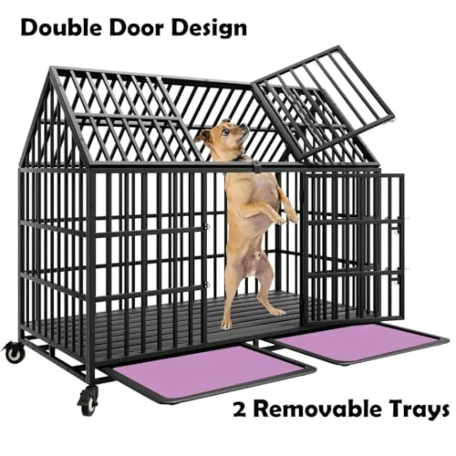 54 inch Heavy Duty Indestructible Dog Crate with 2 Bowls, Escape Proof Double Door Dog Kennel for Large Giant Dogs with Wheels