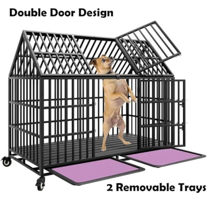 54 inch Heavy Duty Indestructible Dog Crate with 2 Bowls, Escape Proof Double Door Dog Kennel for Large Giant Dogs with Wheels