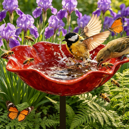 Metal Flower Garden Stakes Bird Bath 4-in-1 Pollinator Water Station - Hummingbird Feeder Bird Bath for Outdoor Yard Decor