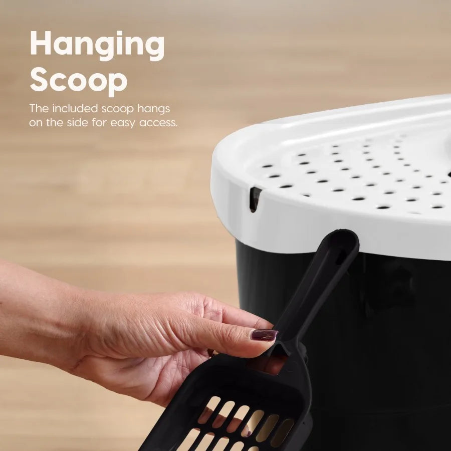 IRIS Large Top Entry Cat Litter Box with Litter Catching Lid and Scoop Enclosed Design Black White