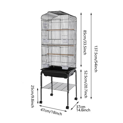 Large Bird Cage with Stand & Wheels, 47x37x137cm Flight Cage for Cockatiels Parrots Finches with Lockable Door (White/Black))