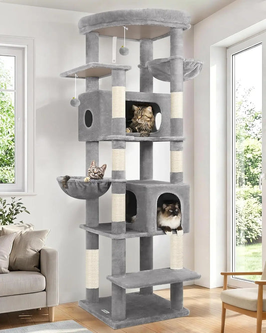 74in Heavy Duty Cat Tree for Large Cats, 7 Sisal Posts, 2 Condos & Hanging Baskets, Sturdy Tower with Top Perch, Light Grey