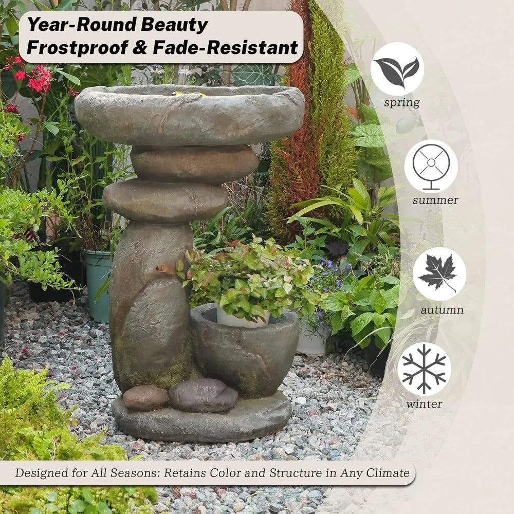 Solar Fountain for Bird Bath, Water Fountain Outdoor with Planter, Freestanding Rock Solar Waterfall with LED, Customized