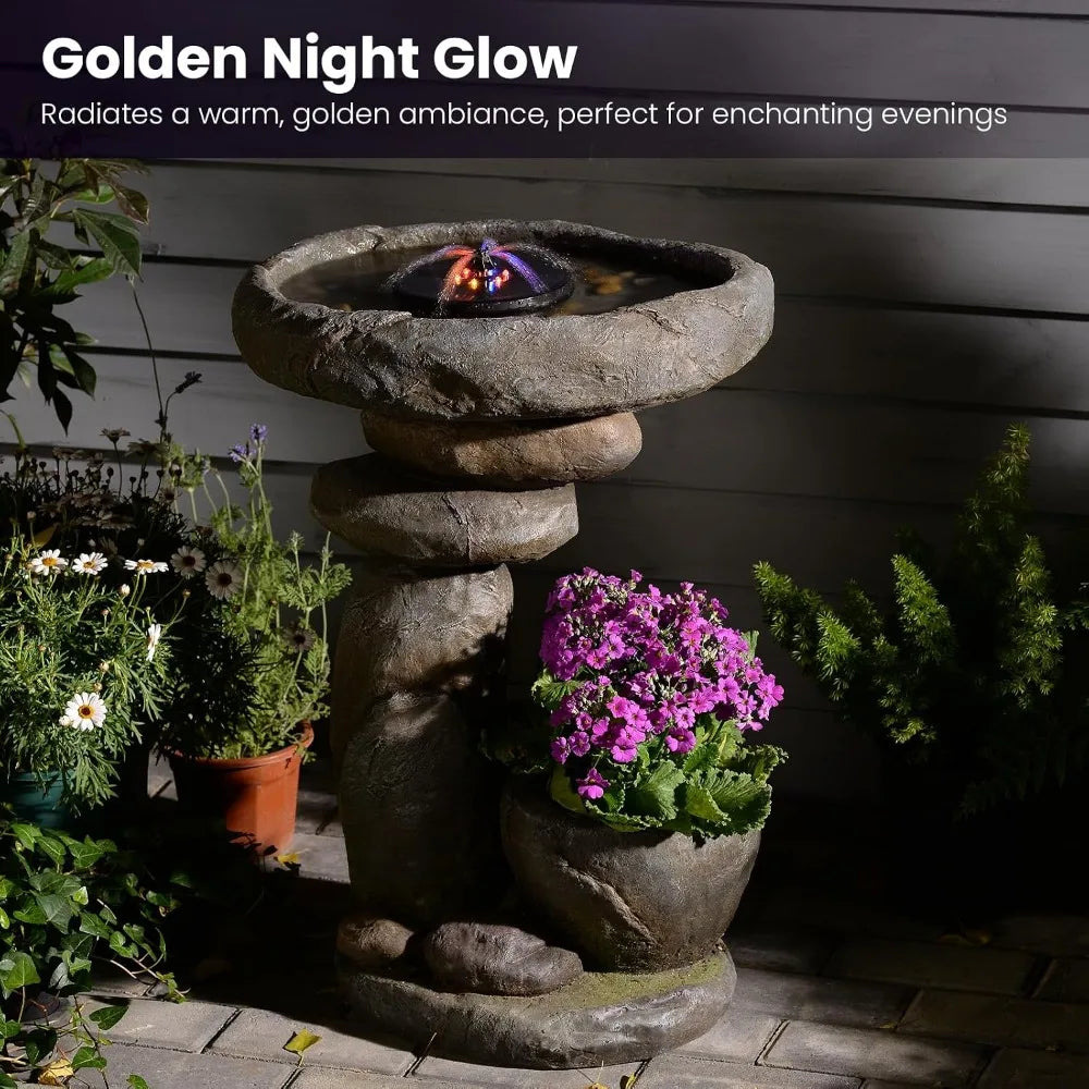 Solar Fountain for Bird Bath, Water Fountain Outdoor with Planter, Freestanding Rock Solar Waterfall with LED, Customized