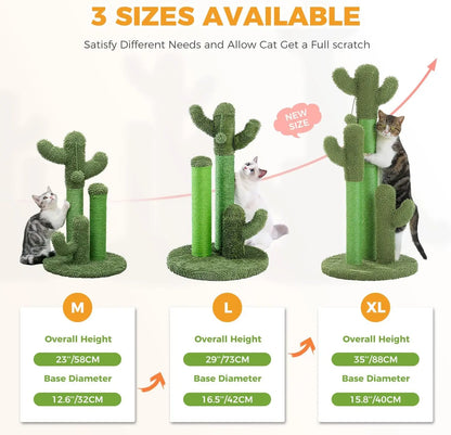 Cat Scratching Post Cactus Cat Scratcher Featuring with 3 Scratching Poles and Interactive Dangling Ball -Large 27 Inches