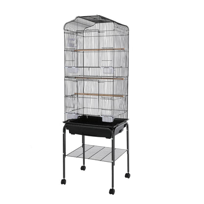 Large Bird Cage with Stand & Wheels, 47x37x137cm Flight Cage for Cockatiels Parrots Finches with Lockable Door (White/Black))