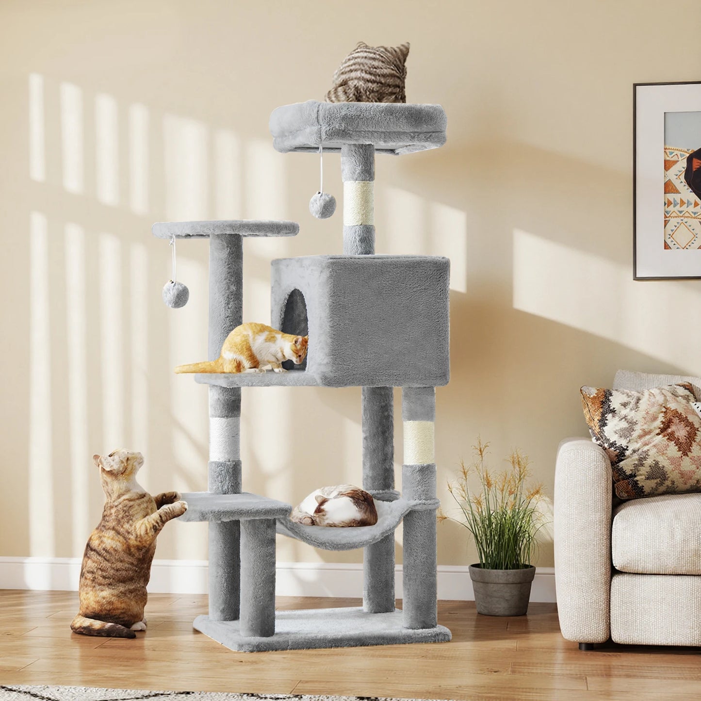 JHK 44In Cat Tree Tall Multi-Cat Climbing Tower, Scratching Posts Stable House for Indoor Cat