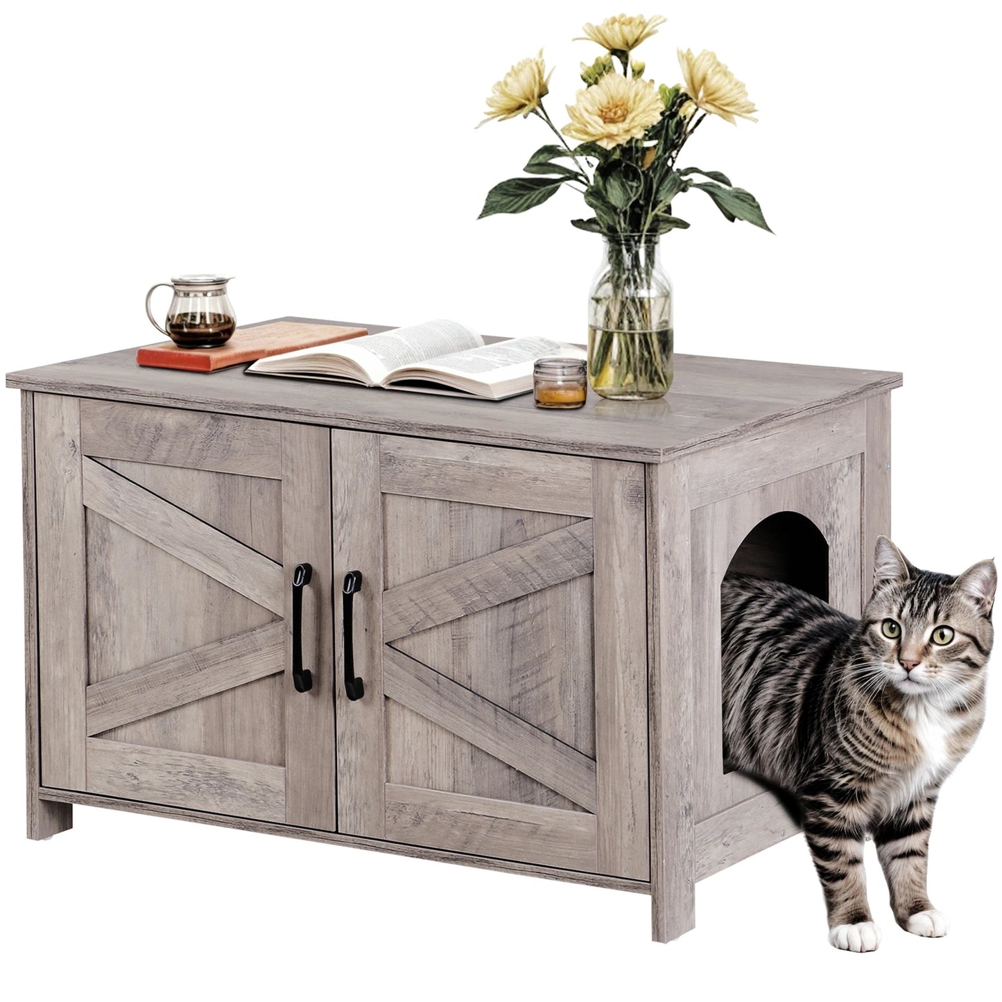 Cat Litter Box Enclosure Litter Box Furniture Hidden Wood Litter Cabinet Greige