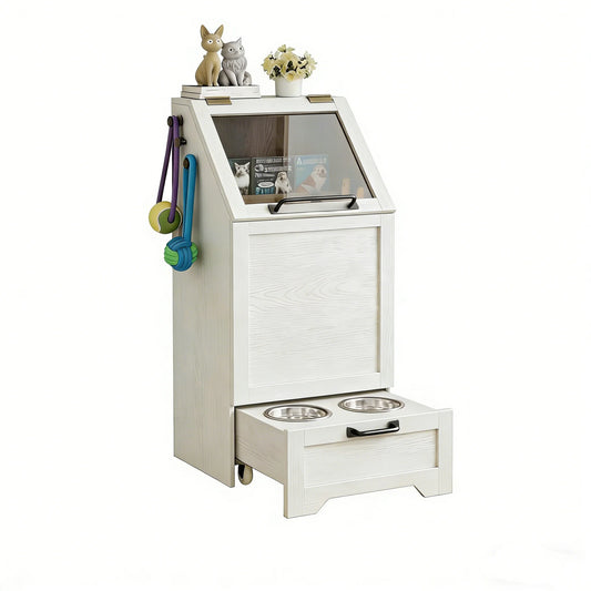 Dog Food Station with Storage, Raised Bowls, Dog Food Storage Cabinet with Hanger for Feeding