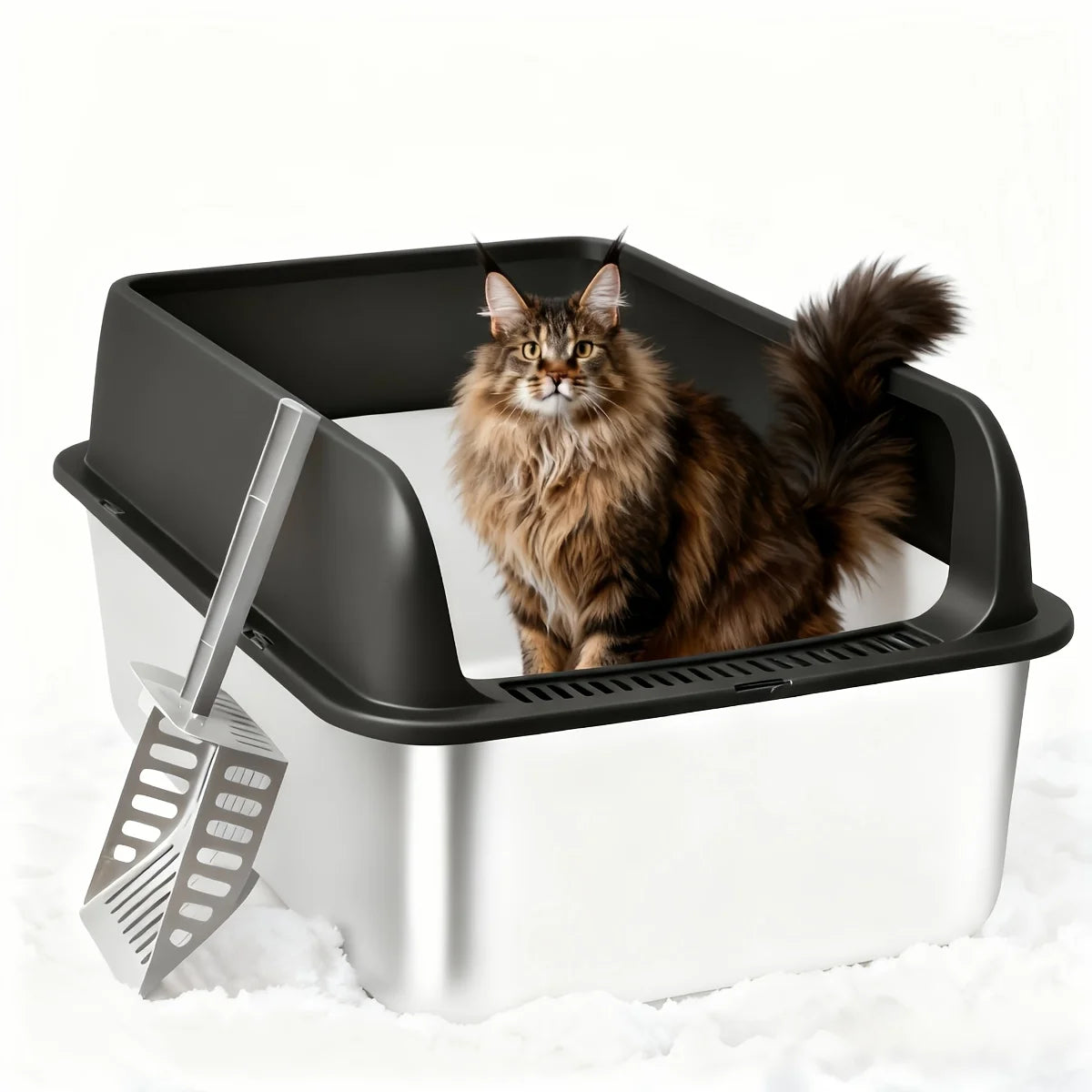 Stainless Steel for cat Litter Box, Medium And Large Litter Box For Cats With Scoop, Metal Litter Pan Tray With High Wall Sides