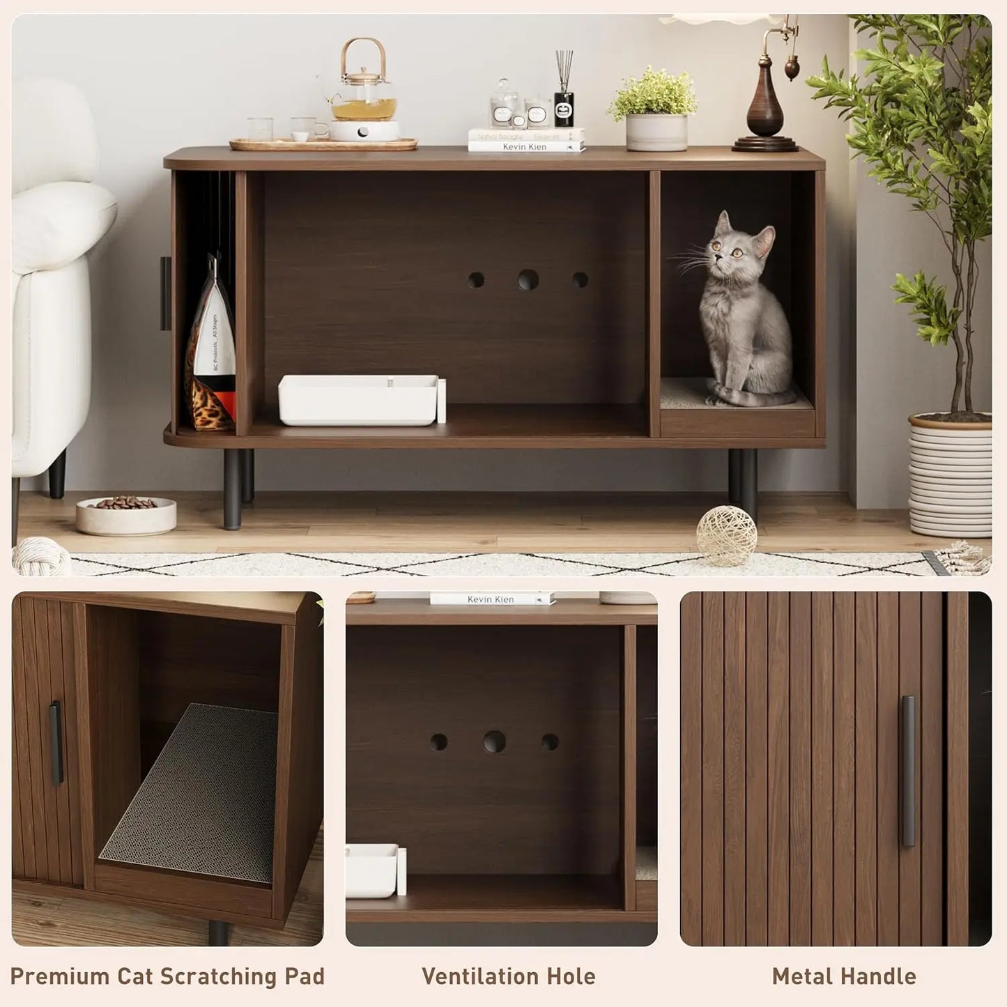 Modern Cat Litter Box Enclosure with Sliding Door, Scratch Pad, Multifunctional Furniture for Living Room in Walnut