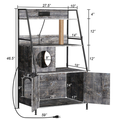 Cat Litter Box Enclosure with 2 Storage Shelves Enclosure Furniture with Charging Station,Cat Washroom with Cat Tree Tower
